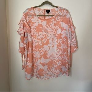 Worthington Plus Size Peach and White Floral Blouse Adjustable Sleeves Size 1X